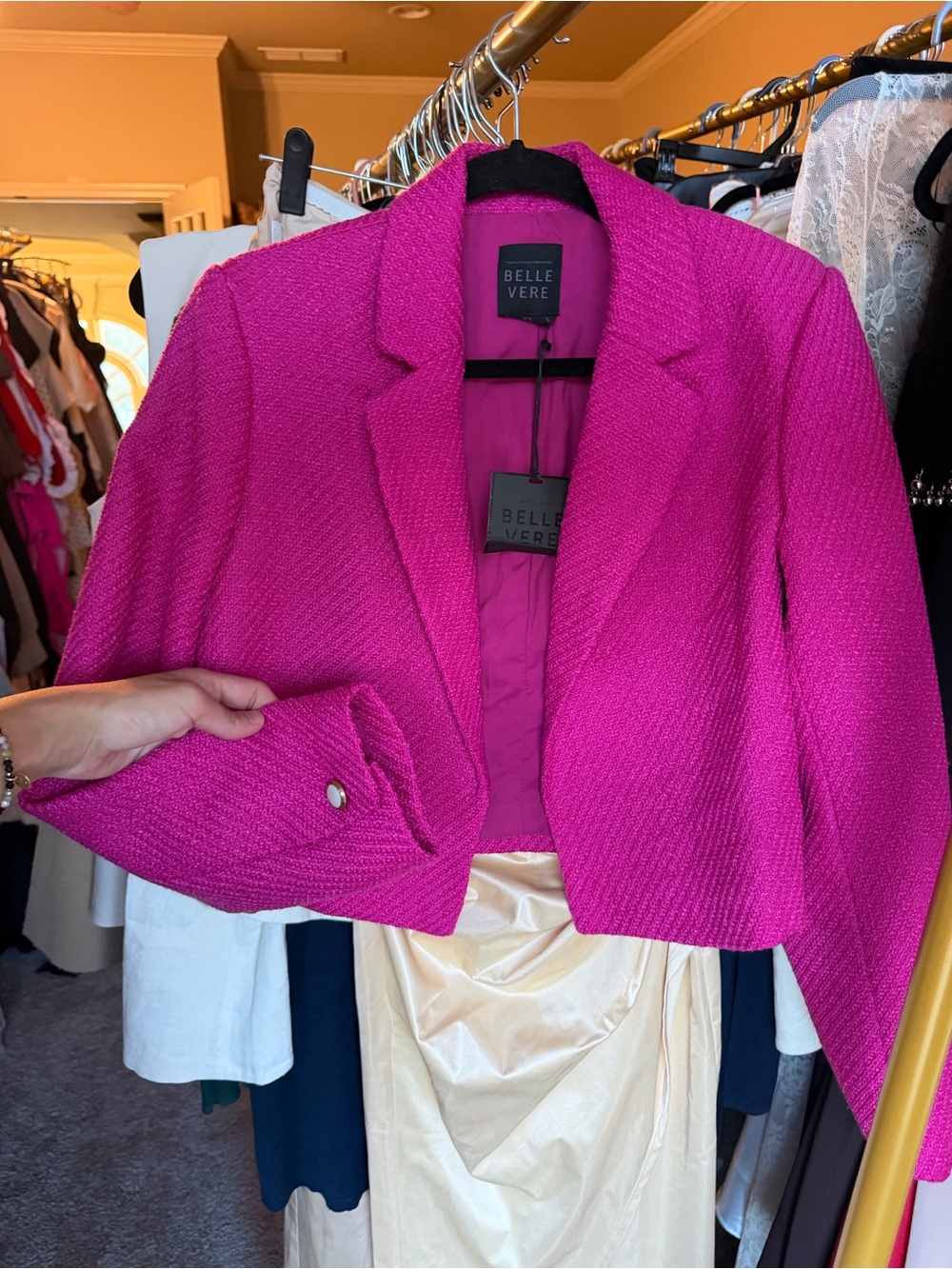 Anthropologie Belle Vere 2 piece blazer & skirt SET Fuchsia Textured